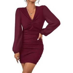 MSRP $38 Fisoew Women's XL Burgundy V Neck Party Dress Slim Fitted Long Sleeve
